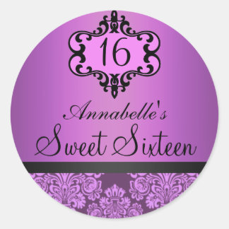 Elegante Paarse Chic Damast Sweet 16 Sticker