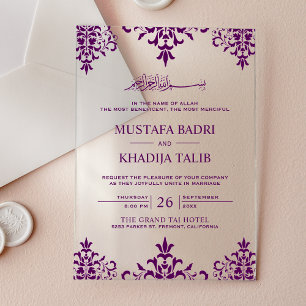 Elegante Paarse Damast Islamitische Bruiloft Acryl Uitnodigingen