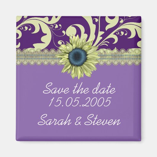 Elegante Paarse Damast Zonnebloem Bewaar de datum Magneet (Voorkant)