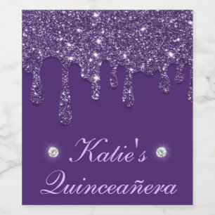 Elegante paarse druipende glitter Quinceanera Wijn Etiket