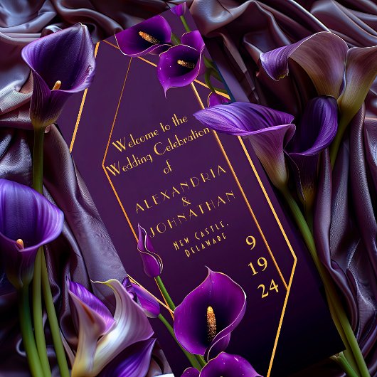 Elegante Paarse en gouden Calla Lily bruiloft Programma