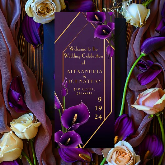 Elegante Paarse en gouden Calla Lily bruiloft Programma