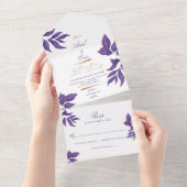Elegante Paarse en gouden Eucalyptus bruiloft All In One Uitnodiging (Afscheurbaar)