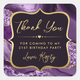 Elegante Paarse en Gouden Glitter Agate Verjaardag Vierkante Sticker