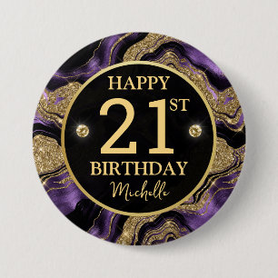 Elegante paarse en gouden glitters agaat verjaarda ronde button 7,6 cm