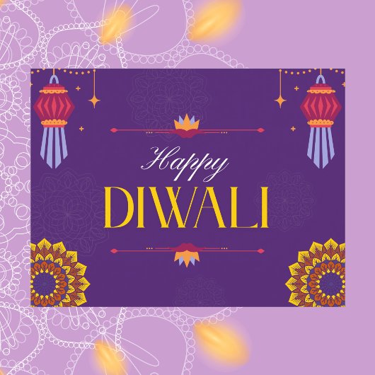 Elegante Paarse en gouden lantaarns Happy Diwali Briefkaart