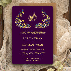 Elegante Paarse en Gouden Pauw Islamitische Bruilo Kaart