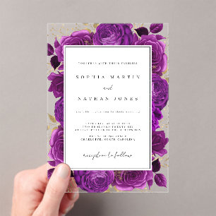 Elegante Paarse en gouden Roos Clear Wedding Acryl Uitnodigingen