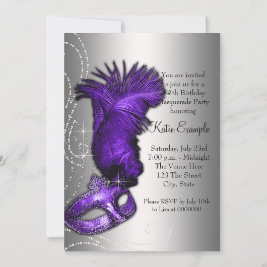 Elegante Paarse en grijze Masquerade Party Kaart (Achterkant)