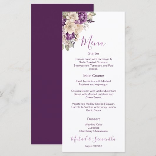 Elegante paarse en ivoorkleurige rozen bruiloft menu (Voorkant / Achterkant)