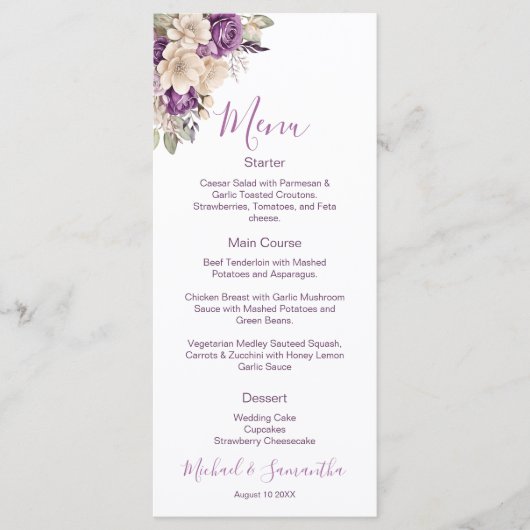 Elegante paarse en ivoorkleurige rozen bruiloft menu (Voorkant)