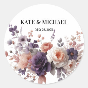 Elegante Paarse en perzik blozen bloemenbruiloft Ronde Sticker