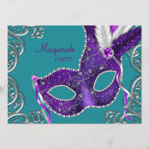 Elegante Paarse en Turquoise Blue Masquerade Party Kaart