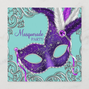 Elegante paarse en turquoise maskeradefeest kaart