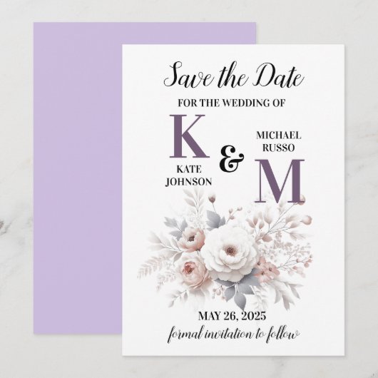 Elegante Paarse en witte blos bloemenbruiloft Save The Date (Voorkant / Achterkant)