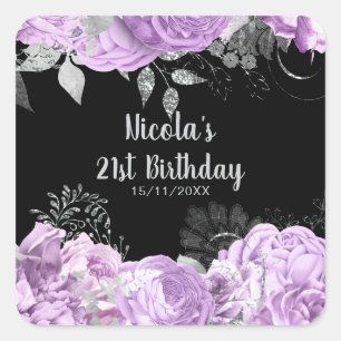 Elegante paarse en zilveren bloemen verjaardagsfee vierkante sticker