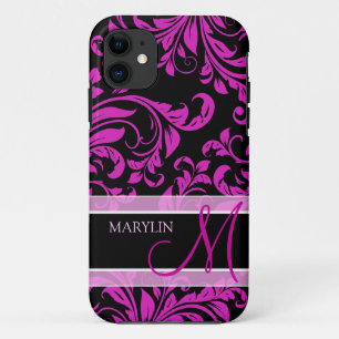 Elegante paarse en zwarte damast met monogram iPhone 11 hoesje