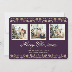 Elegante Paarse Familie 3 Foto Vrolijke Kerst Kaar Feestdagenkaart