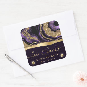 Elegante paarse folie en gouden glitters agaat bru vierkante sticker