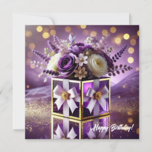 Elegante paarse glasbloem cadeau gouden chiffon bo feestdagenkaart