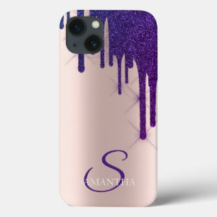 Elegante Paarse Glitter Druppels Roze Goud iPhone 13 Hoesje