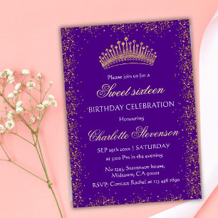 Elegante Paarse Glitter Gold Crown Sweet 16Birthda Kaart