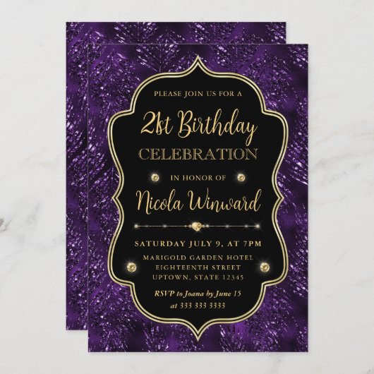 Elegante Paarse Glitter Lijst Verjaardag Kaart (Voorkant / Achterkant)