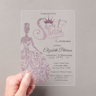 Elegante paarse glitterjurk Sweet 16 verjaardag Acryl Uitnodigingen
