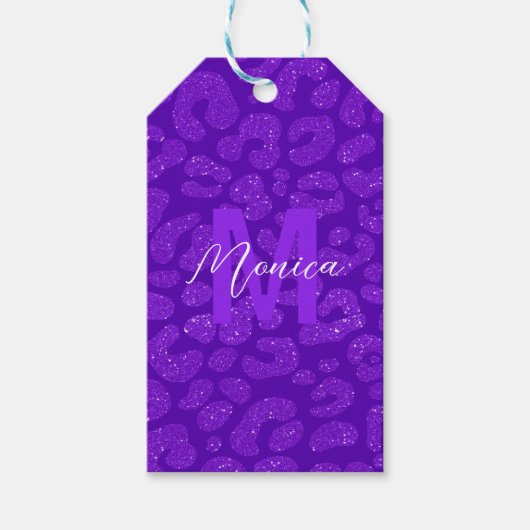Elegante paarse glitters monogram scriptnaam cadeaulabel (Voorkant)