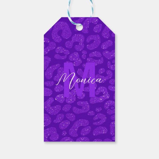 Elegante paarse glitters monogram scriptnaam cadeaulabel (Achterkant)