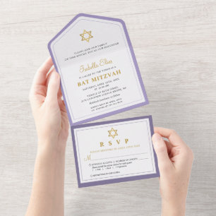 Elegante Paarse Gouden Bat Mitzvah All In One Uitnodiging