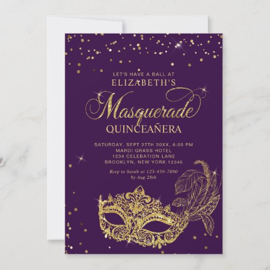 Elegante Paarse Gouden Glitter Masquerade Quinceañ Kaart (Voorkant)