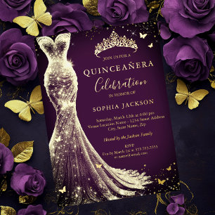 Elegante Paarse Gouden Glitter Vlinder Quinceanera Folie Uitnodiging