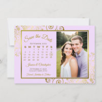 Elegante paarse & gouden kalender foto bruiloft