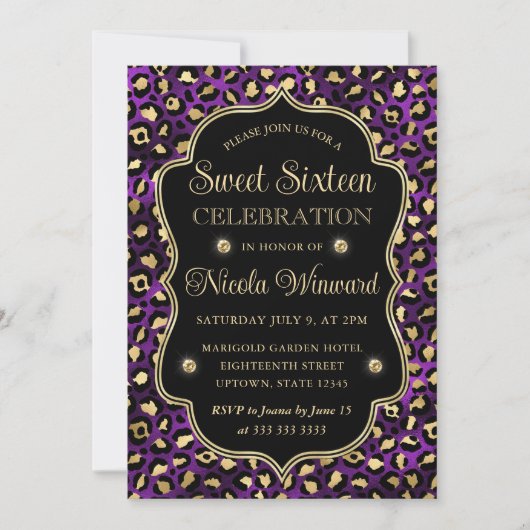 Elegante Paarse Gouden Luipaardprint Sweet 16 Kaart (Voorkant)