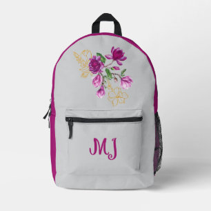 Elegante Paarse & Gouden Magnolia Bloemen Geperson Bedrukte Rugzak