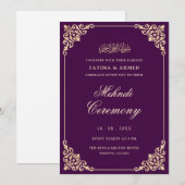  Elegante Paarse Gouden Script Mehndi Ceremonie Kaart (Voorkant / Achterkant)