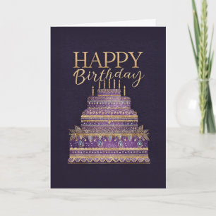 Elegante paarse & gouden verjaardagstaart kaart