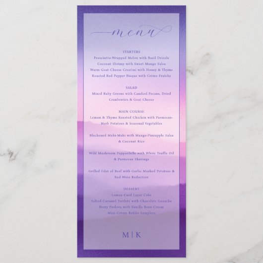 Elegante Paarse Gradiënt Trouwmenu Menu (Voorkant)