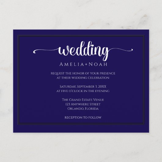 Elegante paarse huwelijksuitnodiging in navyblauw briefkaart (Voorkant)