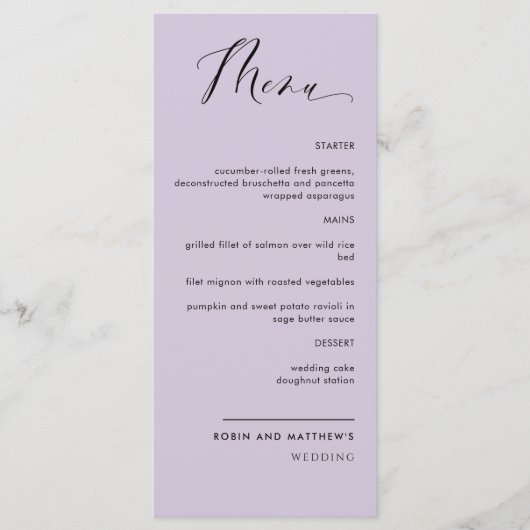 Elegante Paarse, kalligrafie bruiloft / receptie Menu (Voorkant)