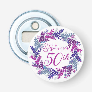 Elegante Paarse Krans Monogram 50ste Verjaardagsfe Button Flesopener