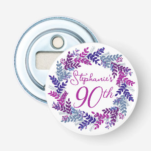 Elegante Paarse Krans Monogram 90ste Verjaardagsfe Button Flesopener