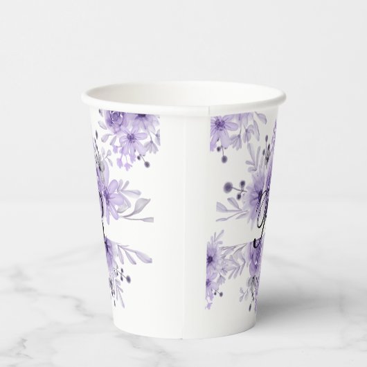 Elegante Paarse Lavendel Bloemen Waterverf Papieren Bekers (Rechts)