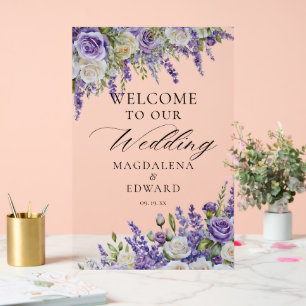 Elegante Paarse Lavendel Rozen bruiloft welkom Acryl Bord