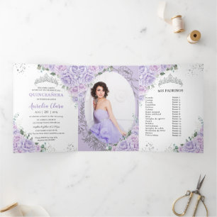 Elegante Paarse Lila Rozen Bloemstuk Quinceañera F Drieluik Uitnodiging