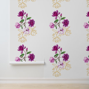 Elegante Paarse Magnolia Bloemen met Gouden Bloeme Behang