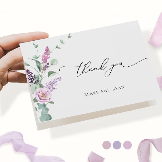 Elegante Paarse, Mauve Lila, Pastel Bloemen bruilo Bedankkaart