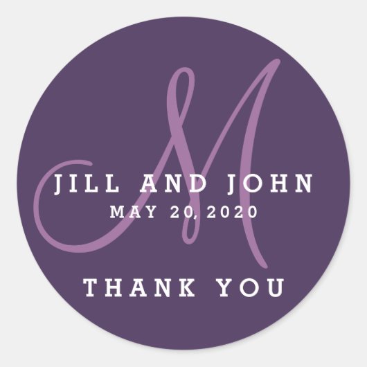 Elegante Paarse Monogram Bruiloft Favor Sticker (Voorkant)