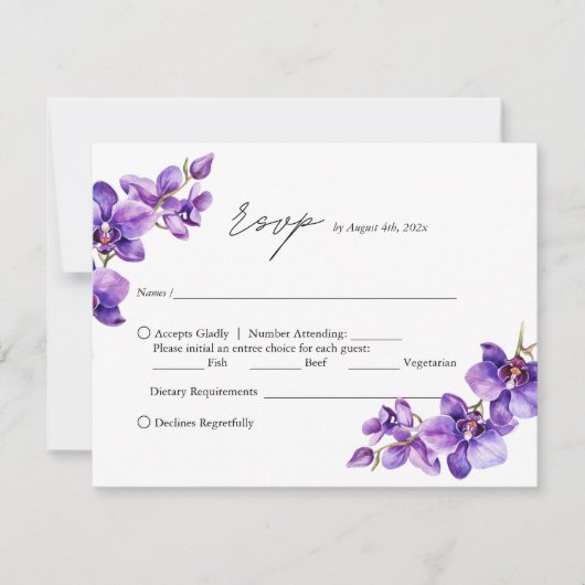 Elegante Paarse Orchidee script bruiloft RSVP Kaartje (Voorkant)